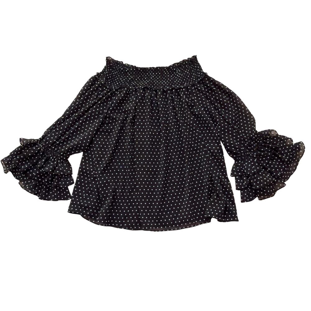 CeCe Black White Polka Dot Off Shoulder Ruffle Sleeve Blouse Women’s Large